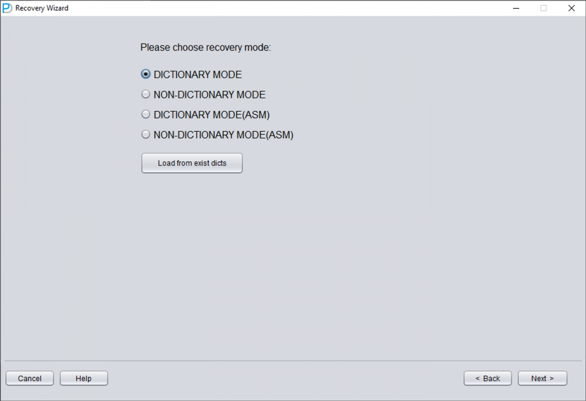 DBRECOVER version selection dialog