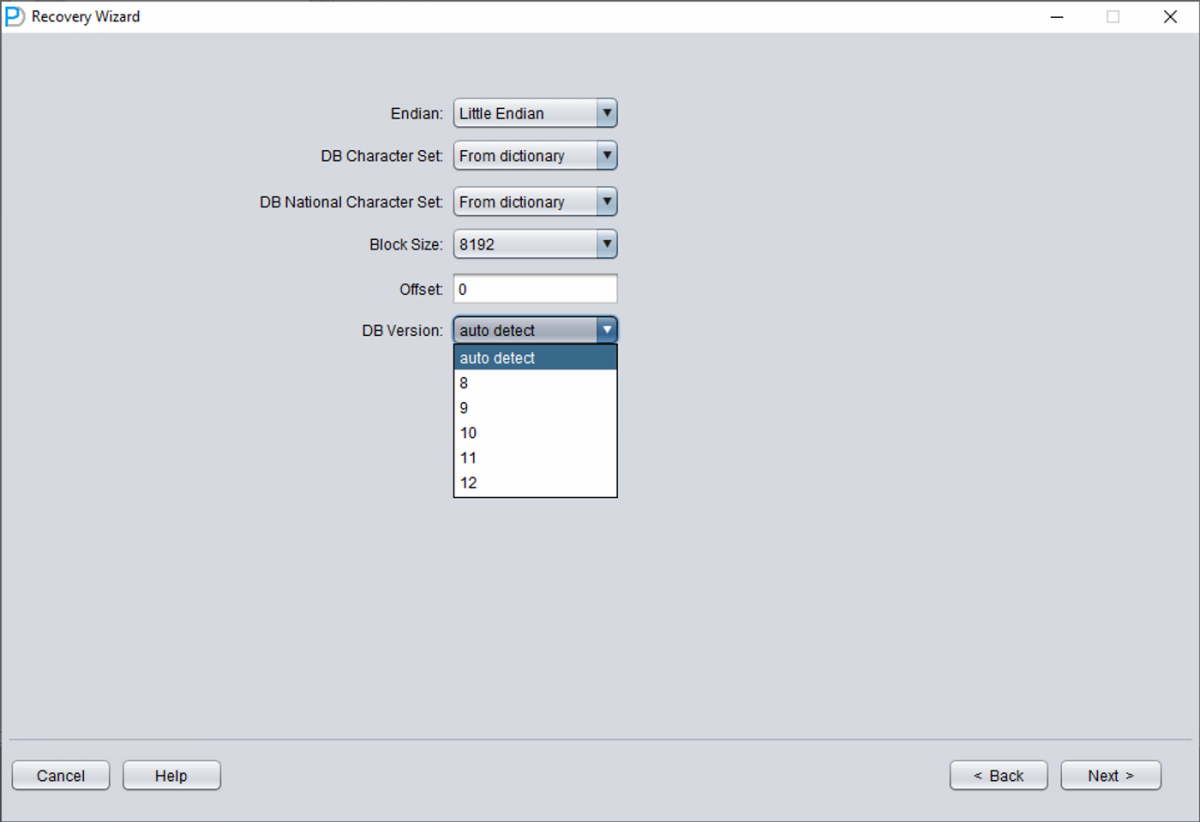DBRECOVER configuration screen