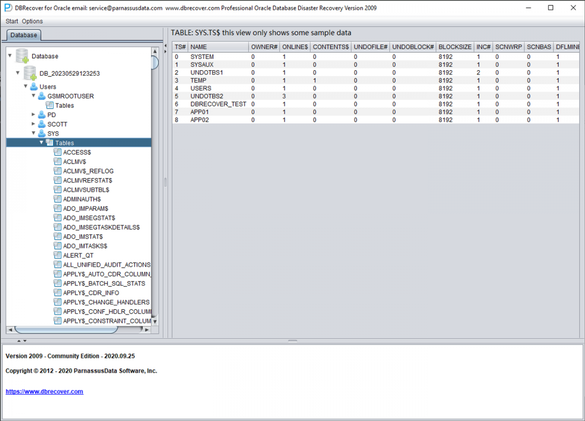 SYS schema with TS$ and FILE$ tables