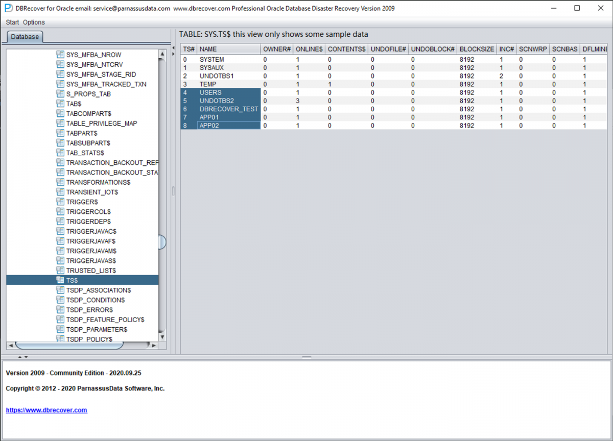 TS$ table showing tablespace numbers and names