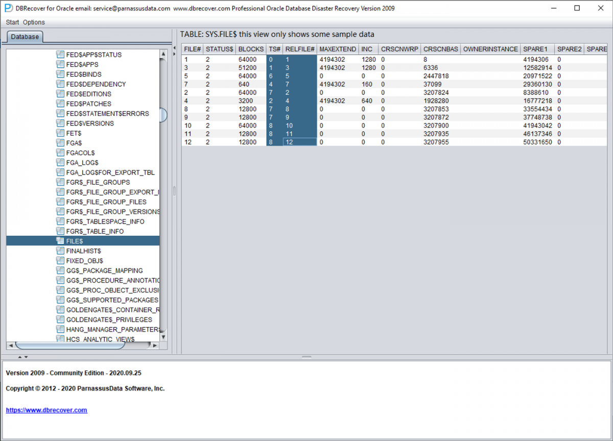 FILE$ table showing file numbers